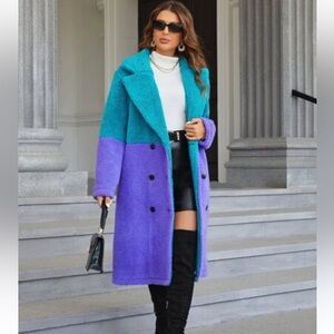 two-tone double-breasted teddy coat in teal and purple.